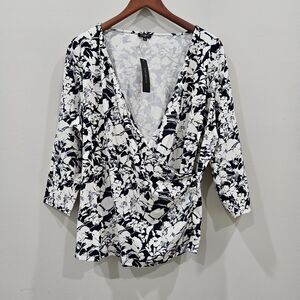 Talbots Women Floral Wrap Top Plus 1X Black White Fairy Grunge Romantic Goth